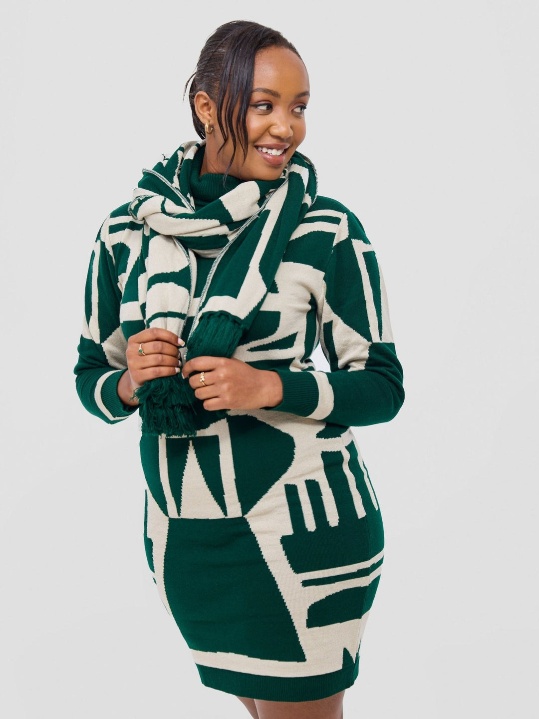 Vivo Lalani Turtleneck Sweater Dress - Light Emerald Green / Ivory Samba Print - Shopzetu