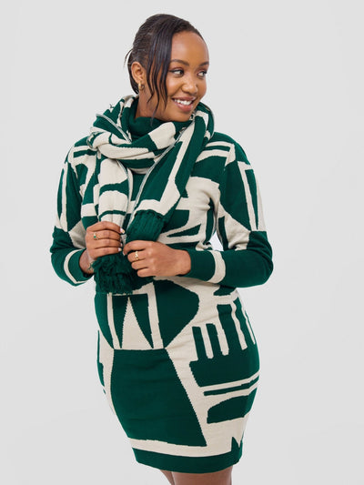 Vivo Lalani Turtleneck Sweater Dress - Light Emerald Green / Ivory Samba Print - Shopzetu