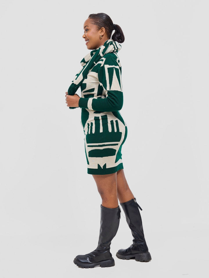 Vivo Lalani Turtleneck Sweater Dress - Light Emerald Green / Ivory Samba Print - Shopzetu