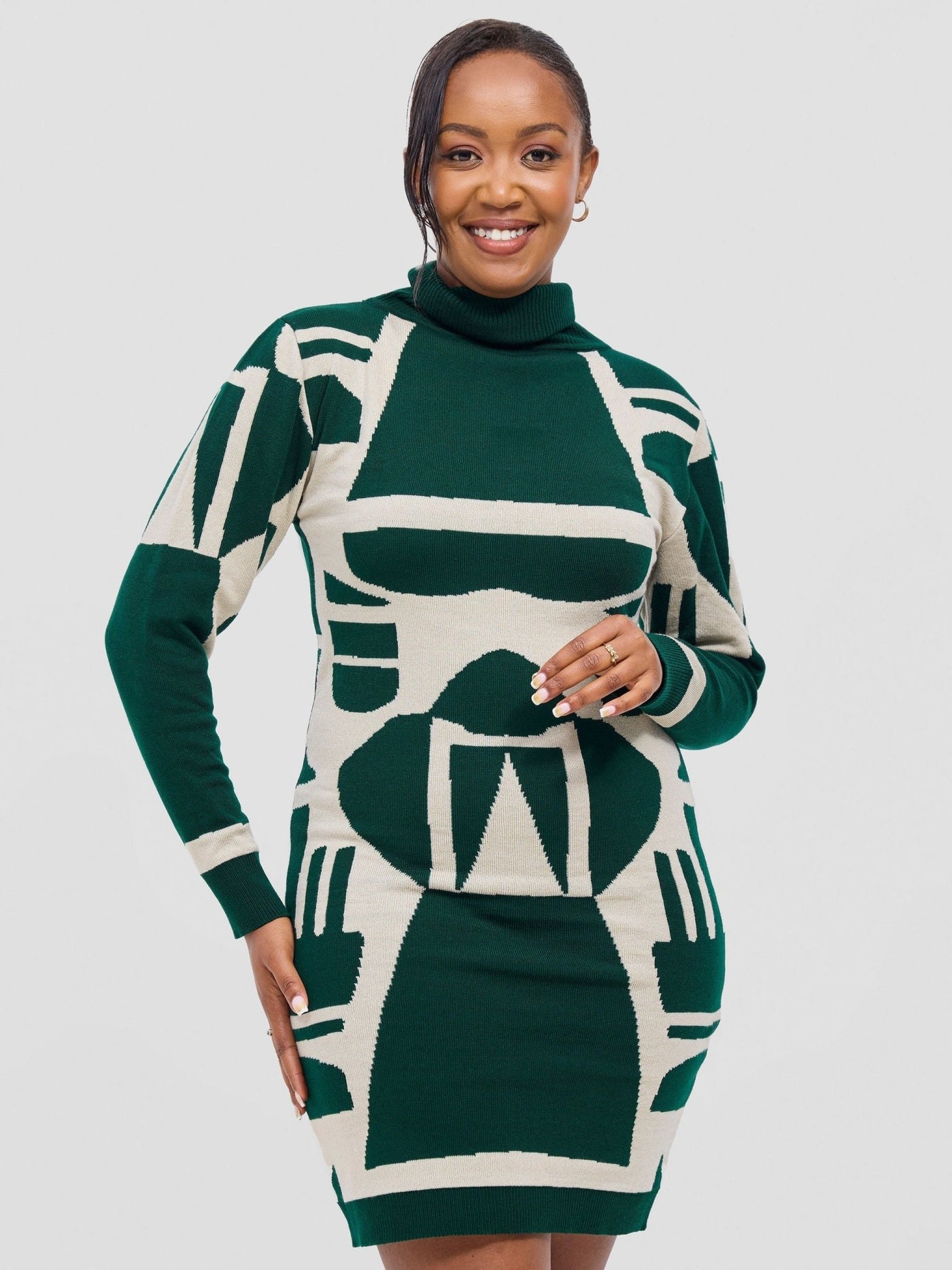 Vivo Lalani Turtleneck Sweater Dress - Light Emerald Green / Ivory Samba Print - Shopzetu