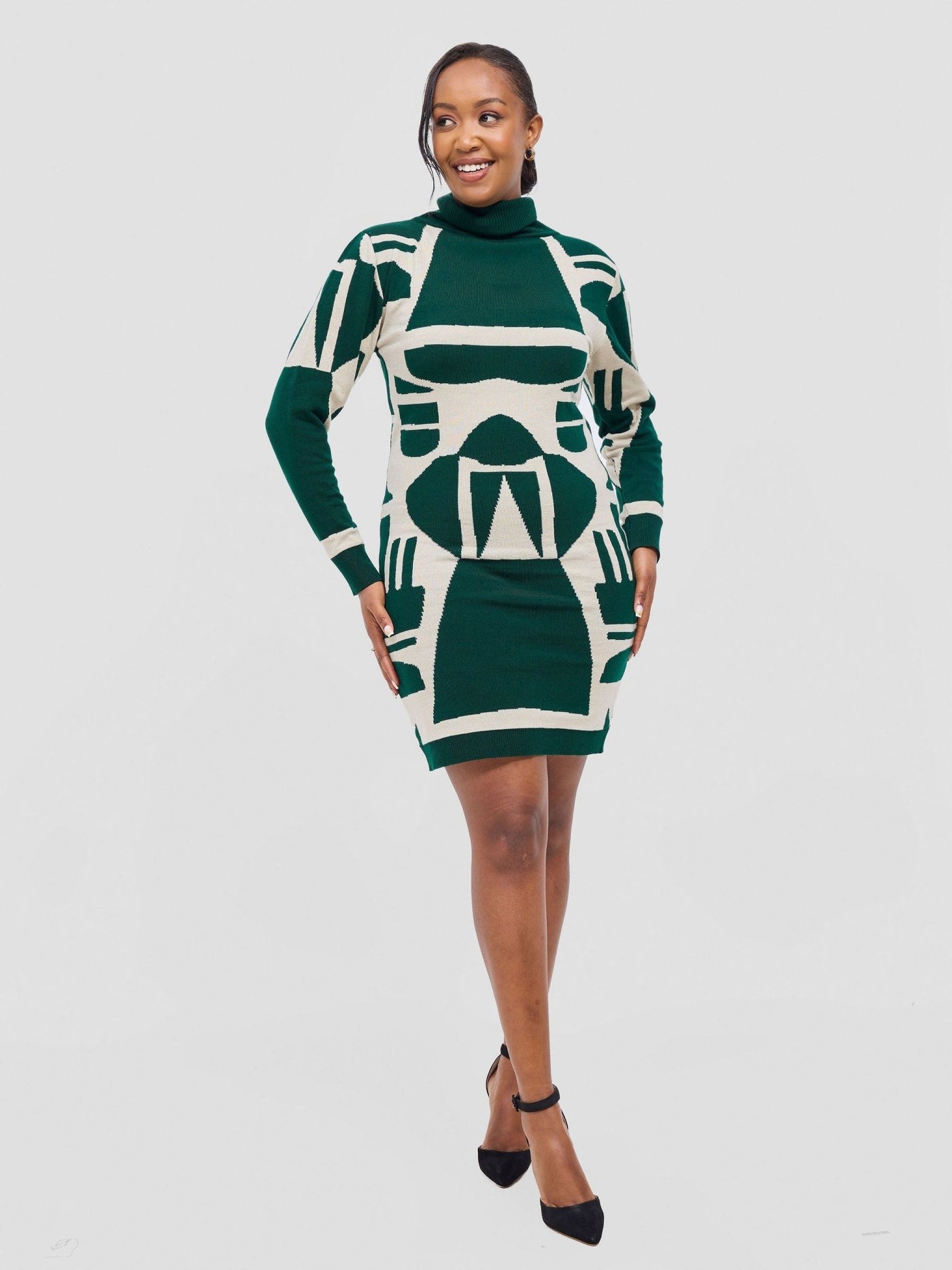 Vivo Lalani Turtleneck Sweater Dress - Light Emerald Green / Ivory Samba Print - Shopzetu