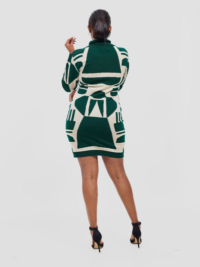 Vivo Lalani Turtleneck Sweater Dress - Light Emerald Green / Ivory Samba Print - Shopzetu
