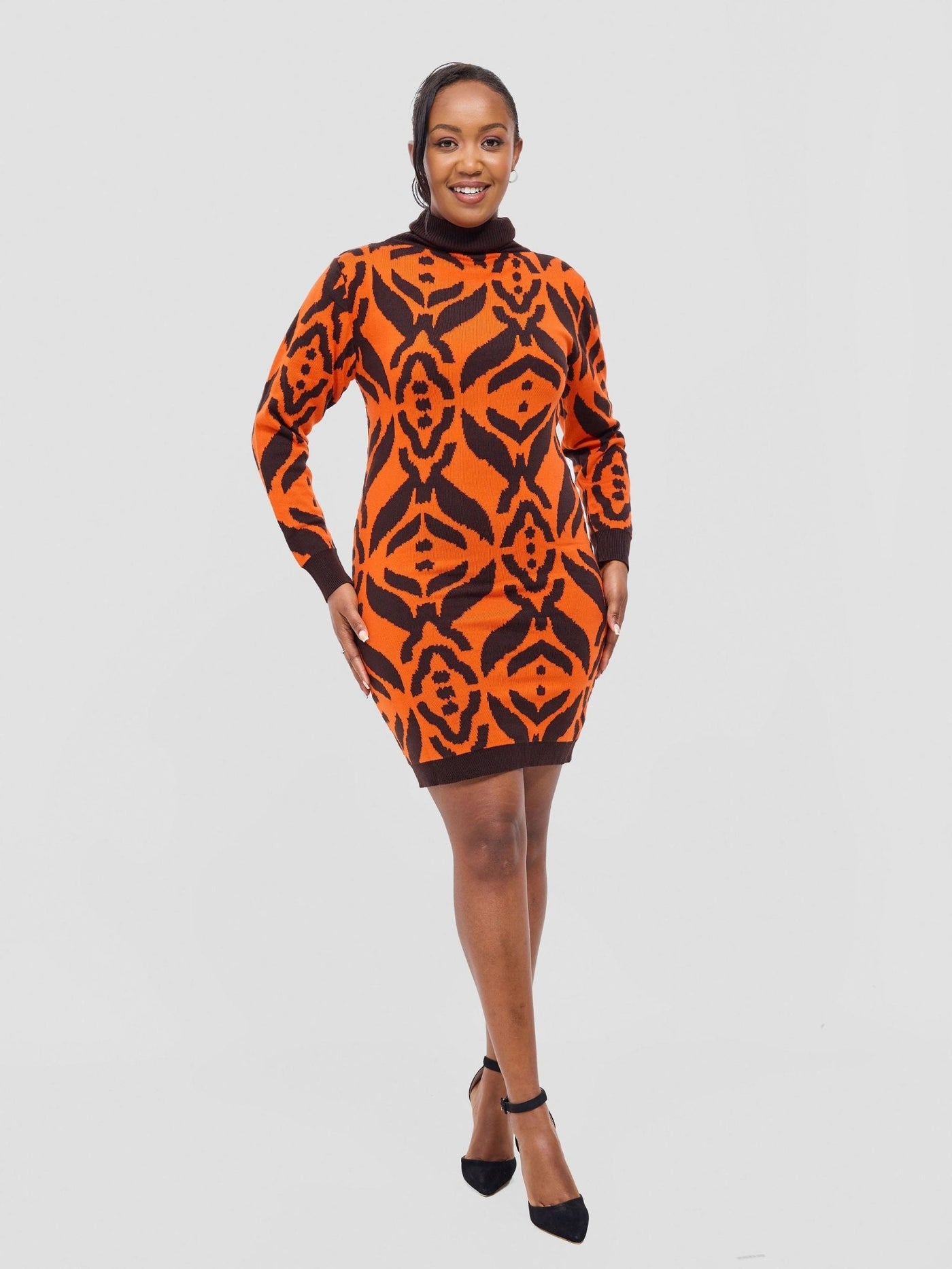 Vivo Lalani Turtle Neck Sweater Dress - Chocolate / Orange Ukwi Print - Shopzetu