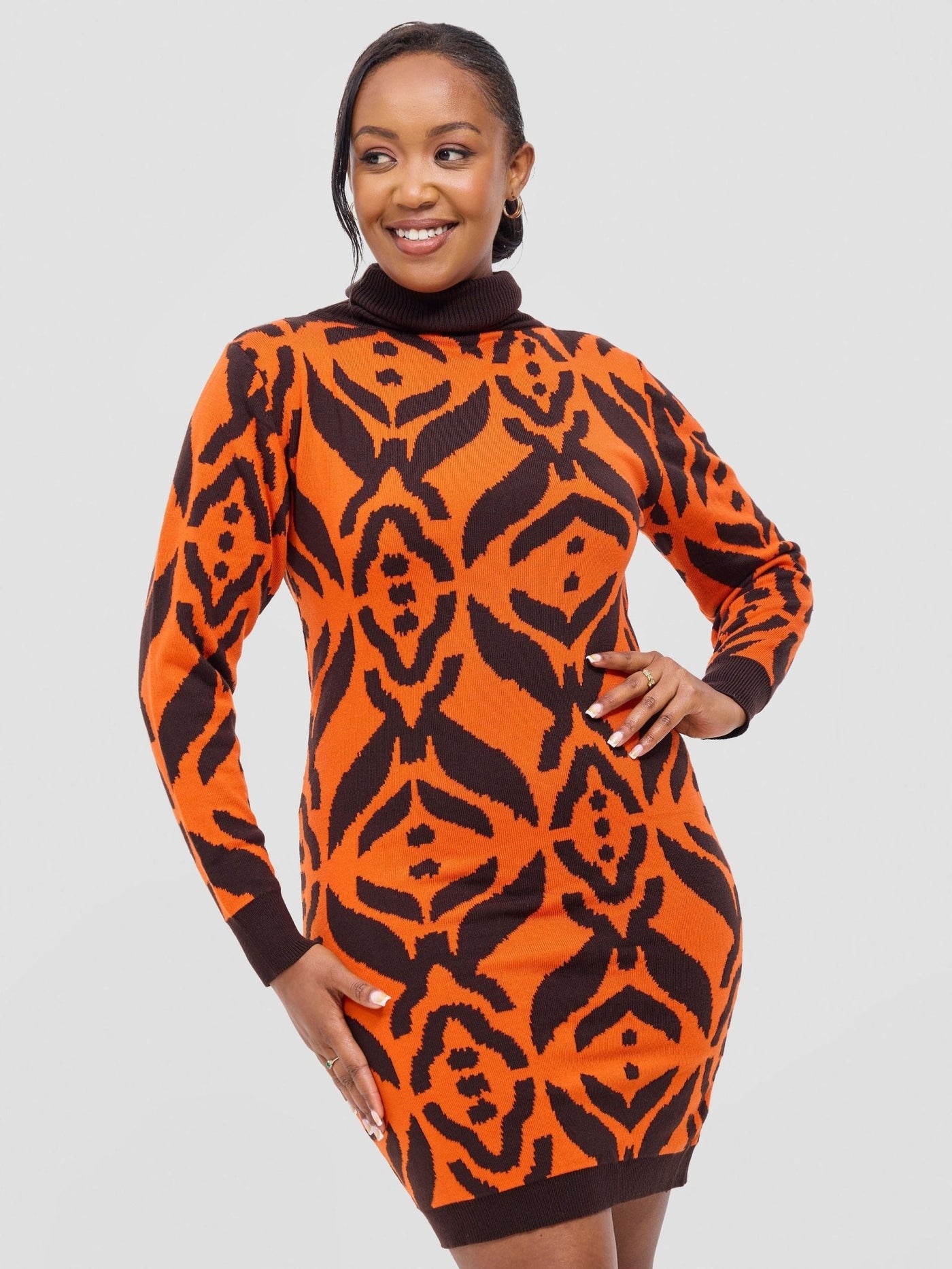 Vivo Lalani Turtle Neck Sweater Dress - Chocolate / Orange Ukwi Print - Shopzetu