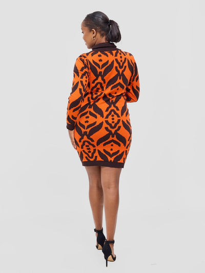 Vivo Lalani Turtle Neck Sweater Dress - Chocolate / Orange Ukwi Print - Shopzetu