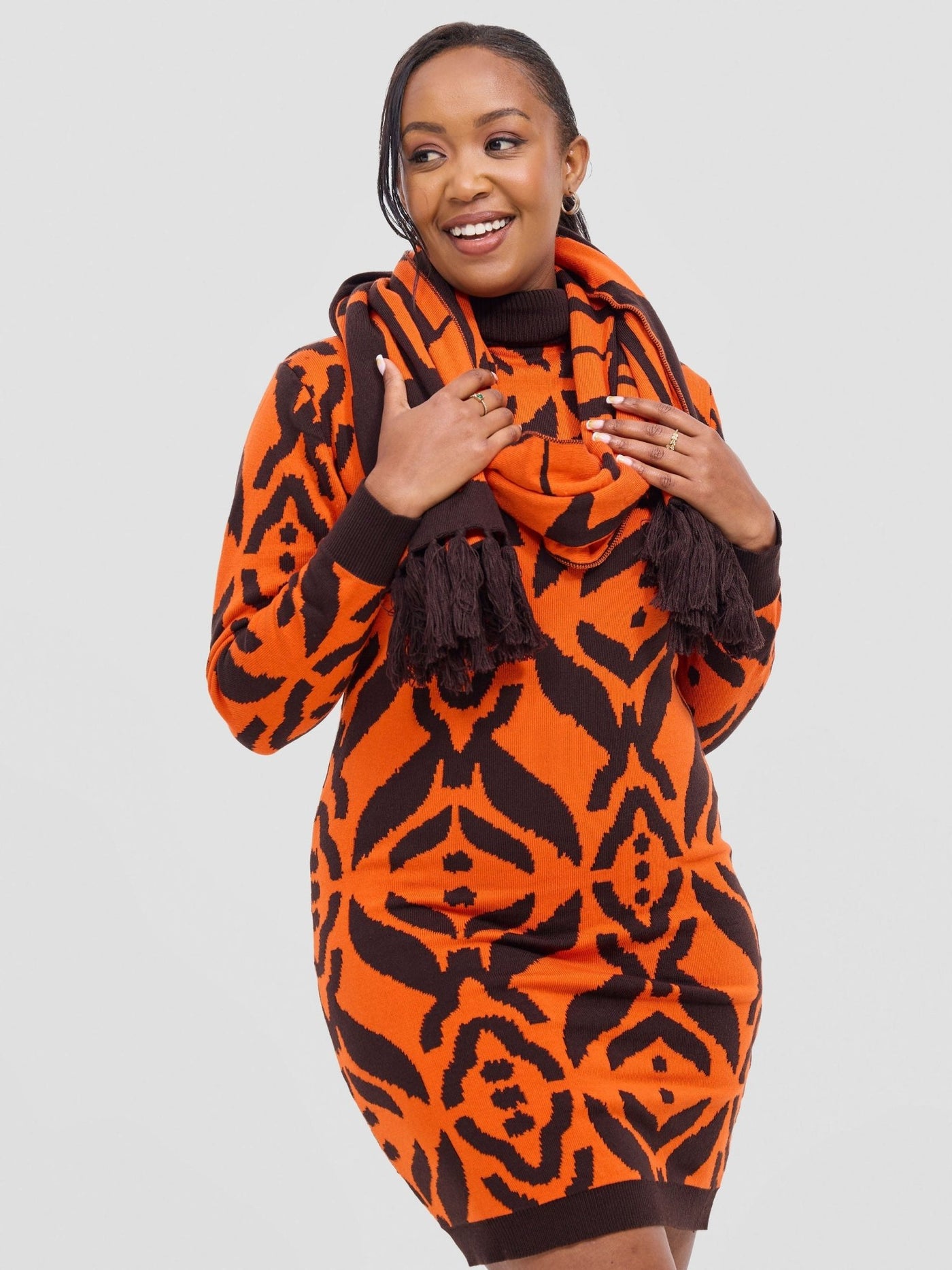 Vivo Lalani Turtle Neck Sweater Dress - Chocolate / Orange Ukwi Print - Shopzetu