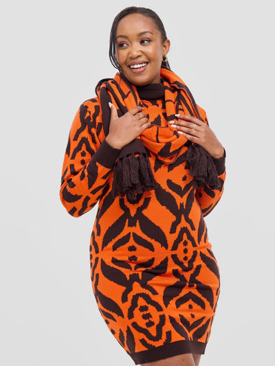 Vivo Lalani Turtle Neck Sweater Dress - Chocolate / Orange Ukwi Print - Shopzetu