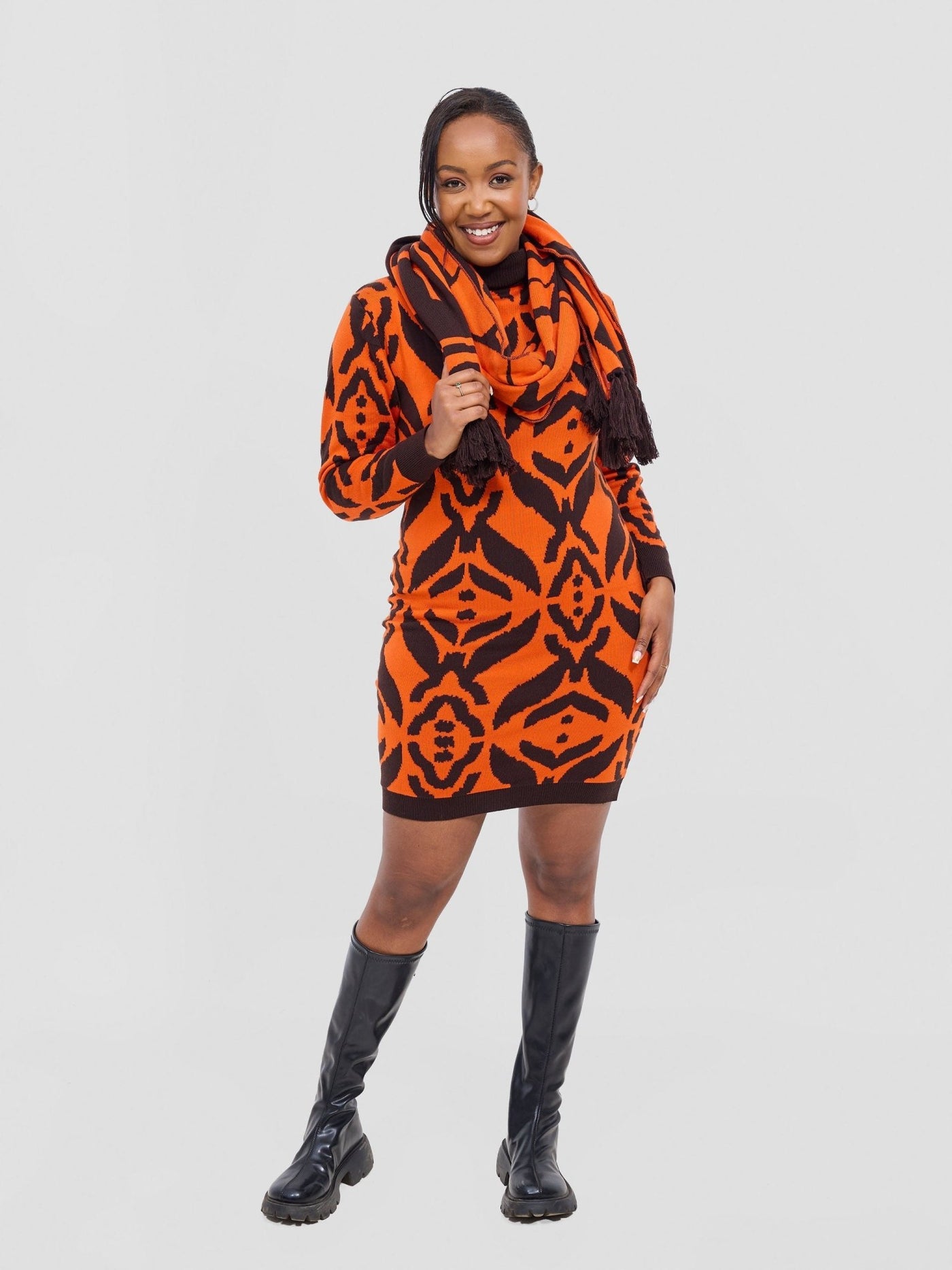 Vivo Lalani Turtle Neck Sweater Dress - Chocolate / Orange Ukwi Print - Shopzetu