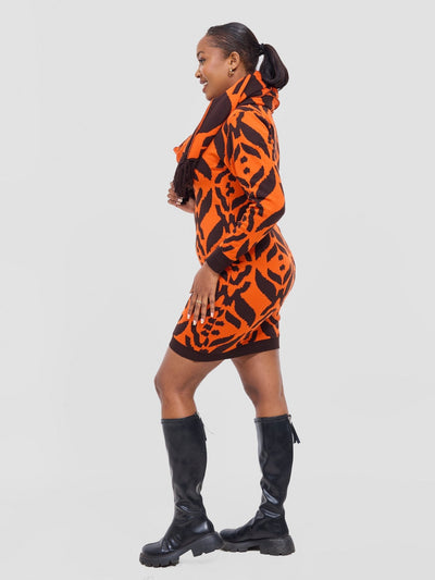 Vivo Lalani Turtle Neck Sweater Dress - Chocolate / Orange Ukwi Print - Shopzetu