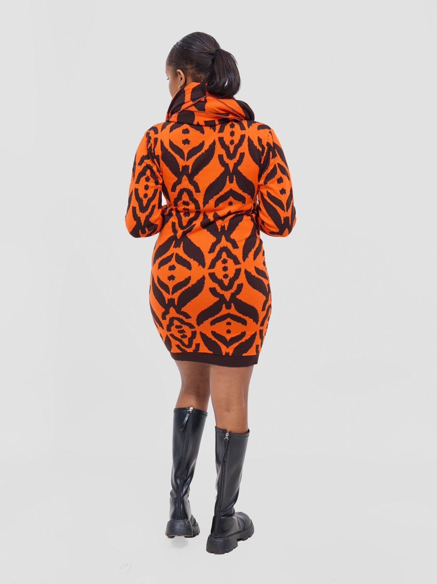 Vivo Lalani Turtle Neck Sweater Dress - Chocolate / Orange Ukwi Print - Shopzetu