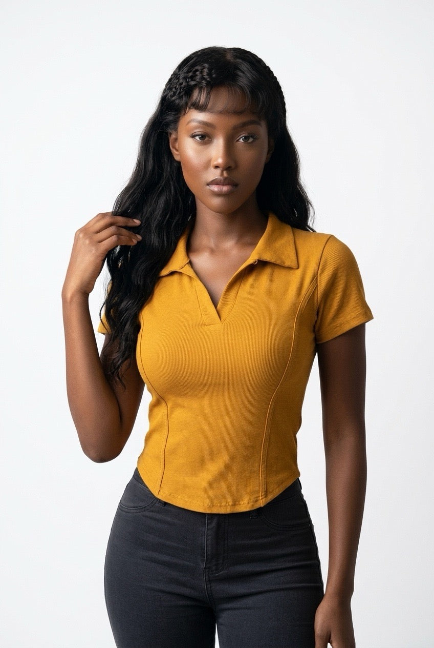 Stylish Sisters Corset-Style Curved Hem Polo Top - Mustard Yellow