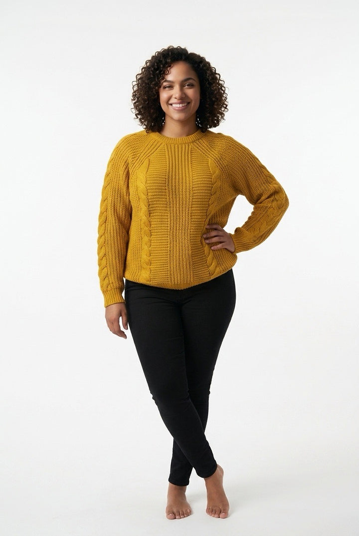 Stylish Sisters Cable Knit Crewneck Sweater - Mustard Yellow