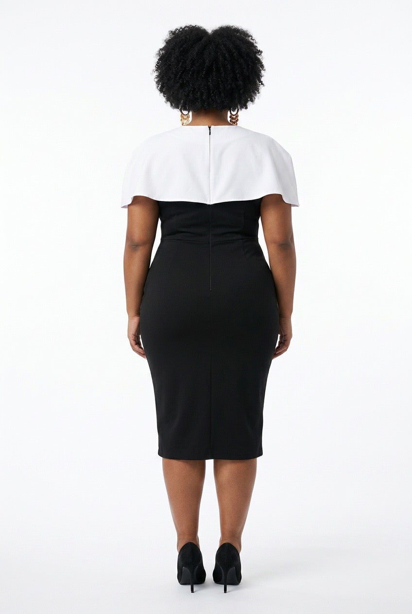 Stylish Sisters Monochrome V-Neck Belted Midi Pencil Dress - Black & White