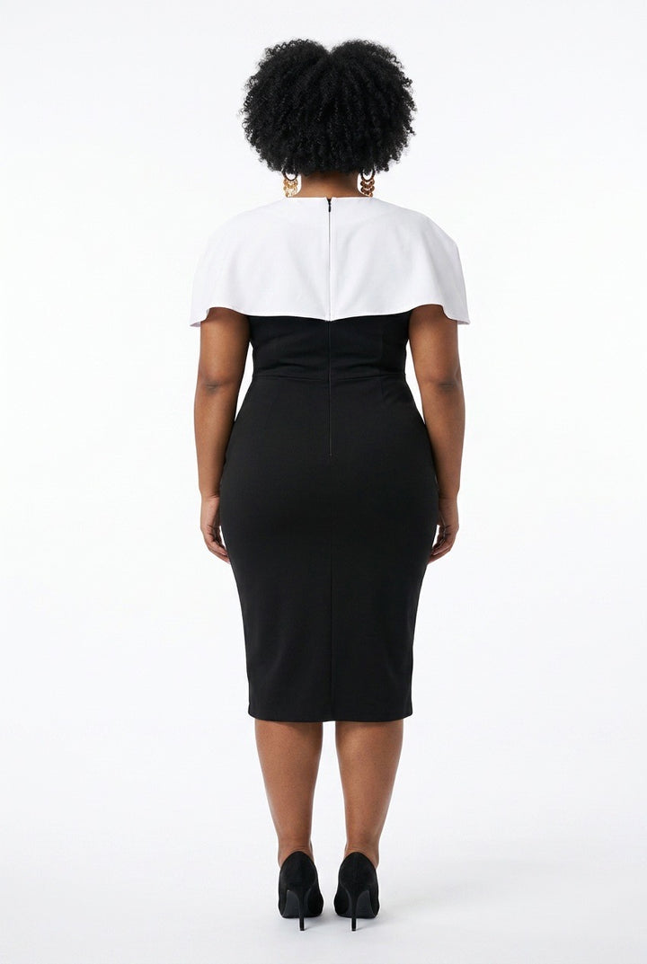 Stylish Sisters Monochrome V-Neck Belted Midi Pencil Dress - Black & White