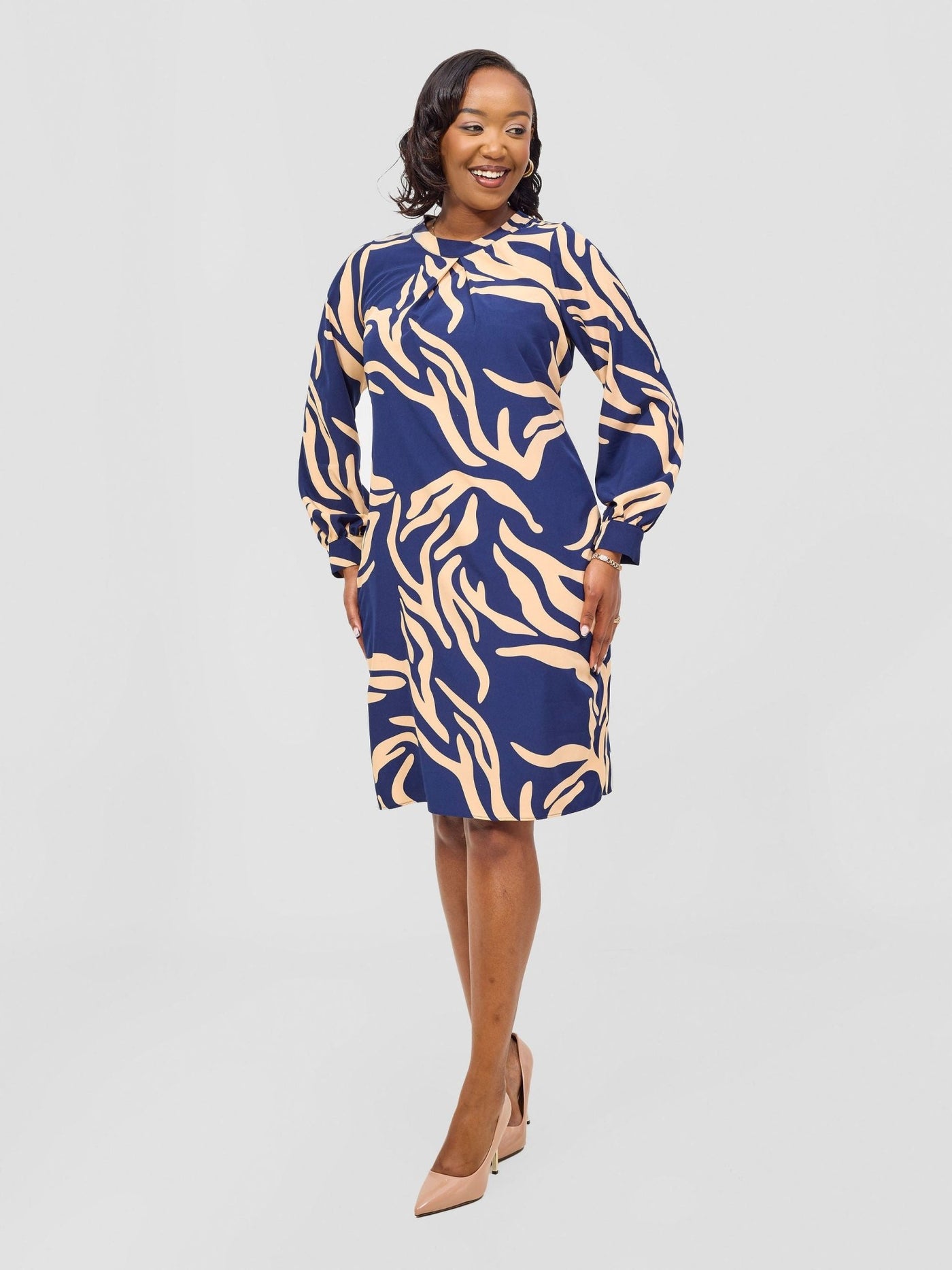 Vivo Chari Shift Dress - Peach / Navy Print - Shopzetu