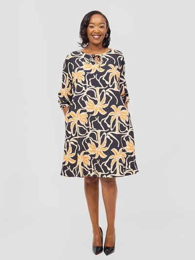 Vivo Nala 3/4 Sleeve Tent Dress - Black / Rust Ala Print - Shopzetu