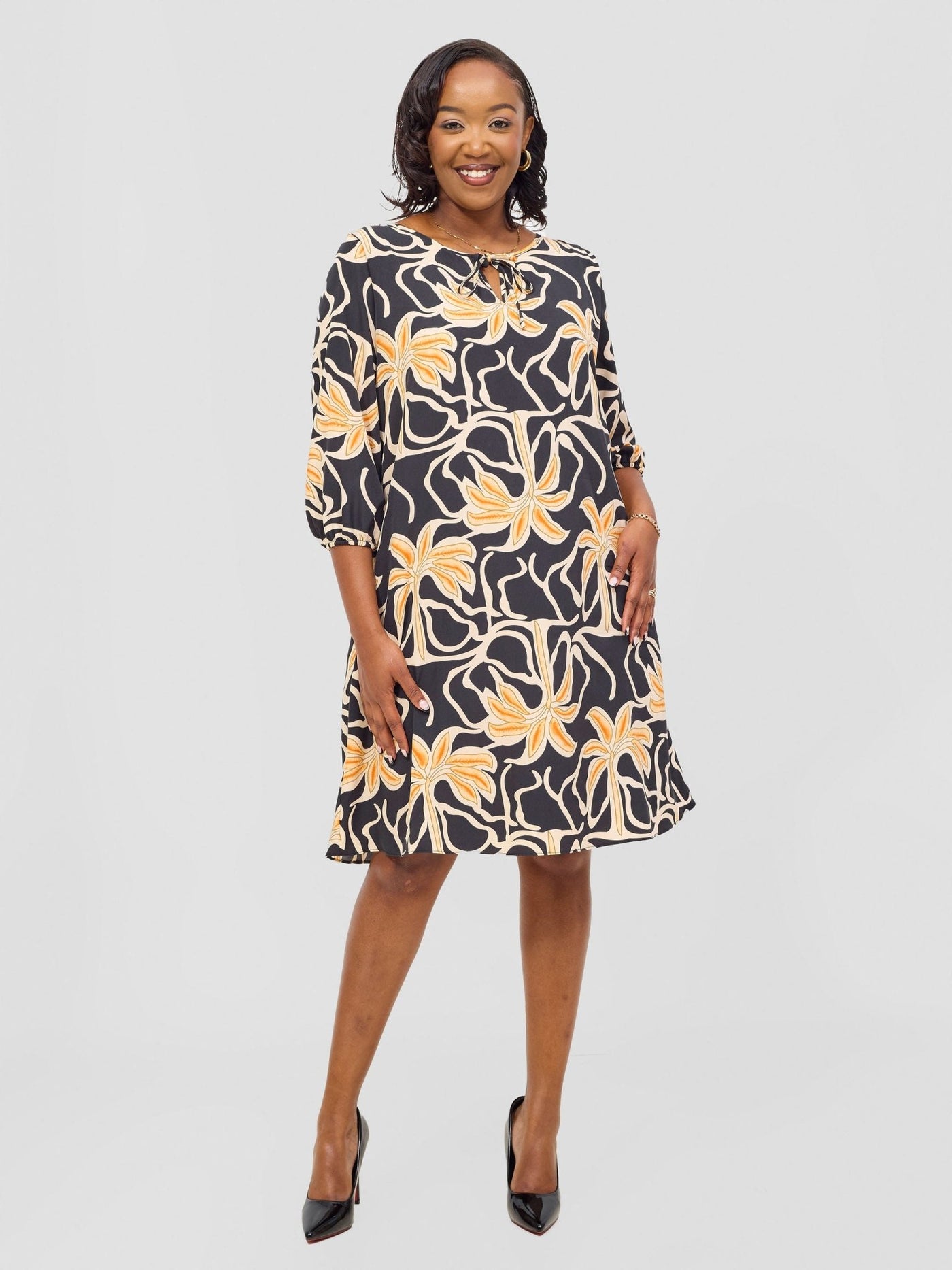 Vivo Nala 3/4 Sleeve Tent Dress - Black / Rust Ala Print - Shopzetu