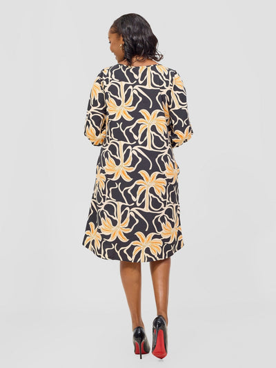Vivo Nala 3/4 Sleeve Tent Dress - Black / Rust Ala Print - Shopzetu