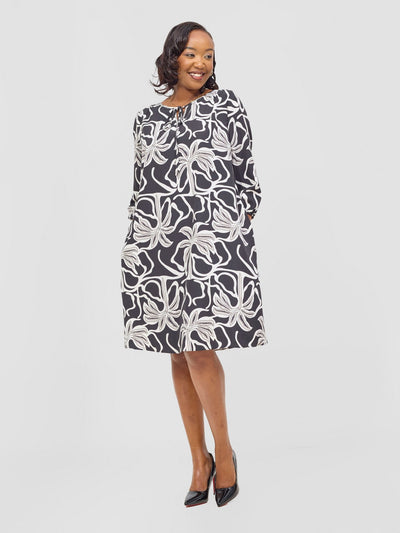 Vivo Nala 3/4 Sleeve Tent Dress - Grey / Black Ala Print - Shopzetu