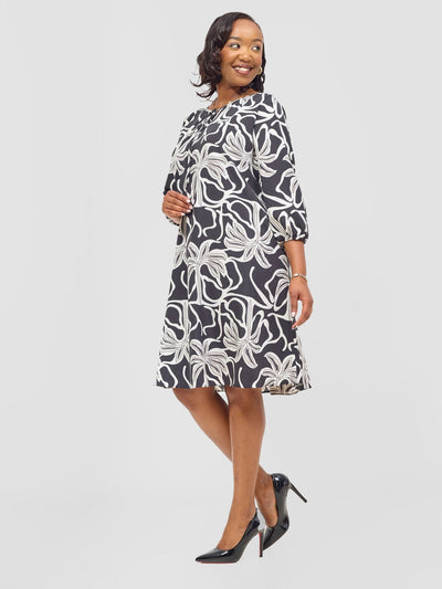 Vivo Nala 3/4 Sleeve Tent Dress - Grey / Black Ala Print - Shopzetu