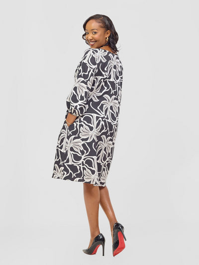 Vivo Nala 3/4 Sleeve Tent Dress - Grey / Black Ala Print - Shopzetu