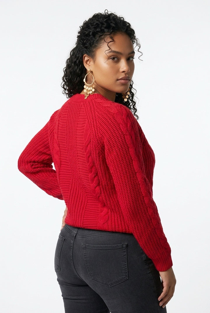 Stylish Sisters Cable Knit Crewneck Sweater - Maroon