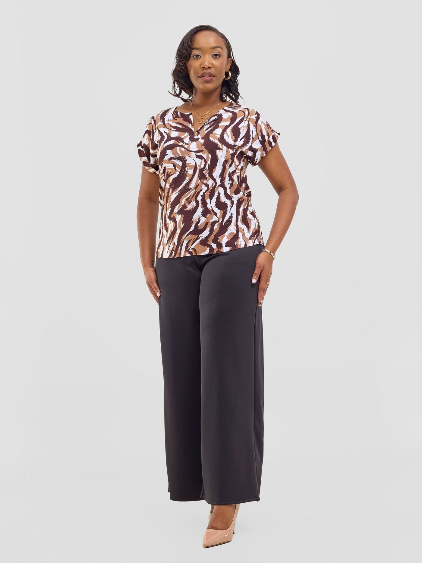 Vivo Pesi Drop Shoulder Tunic - Chocolate / White Una Print - Shopzetu