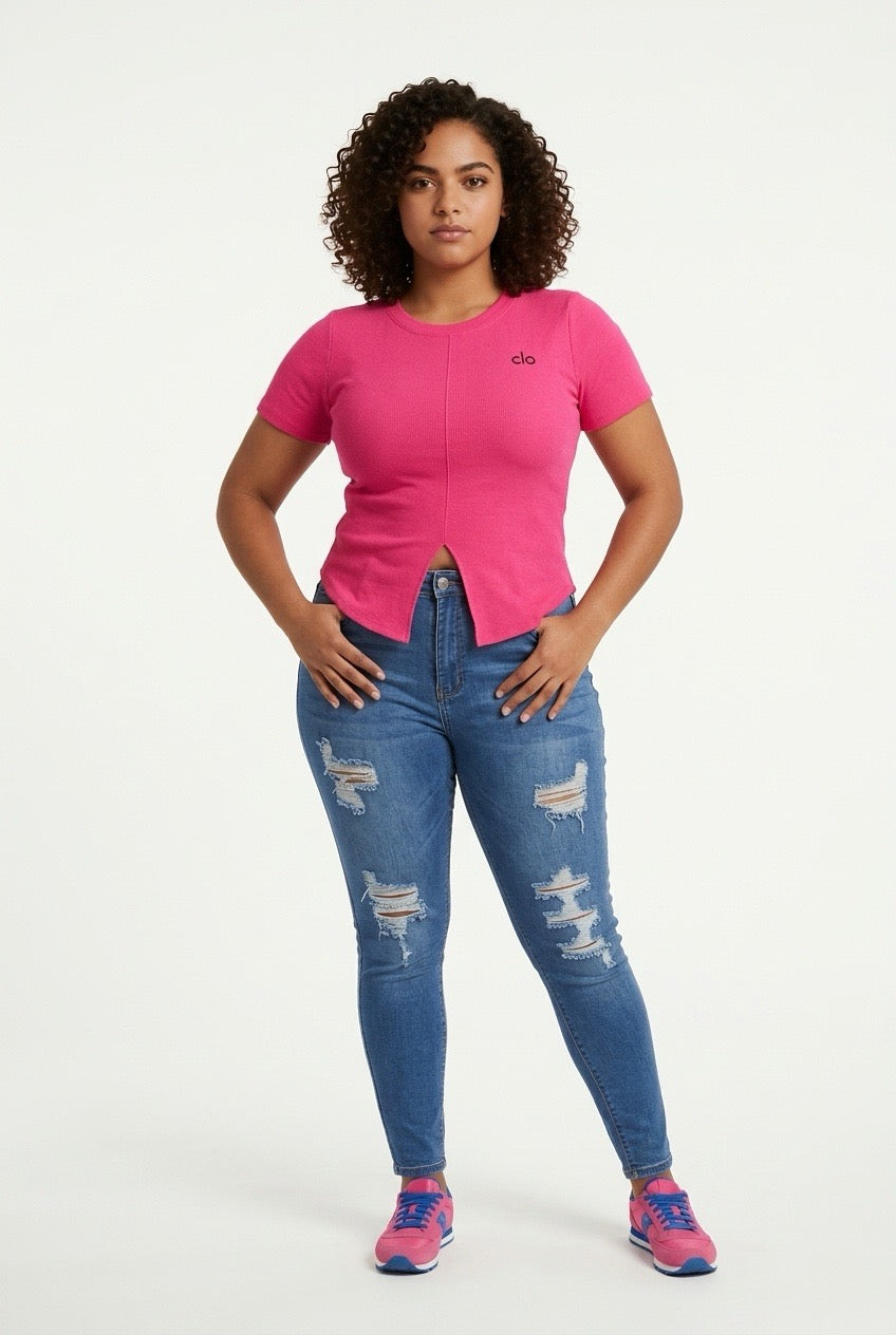 Stylish Sisters Ribbed Sweater Top - Hot Pink