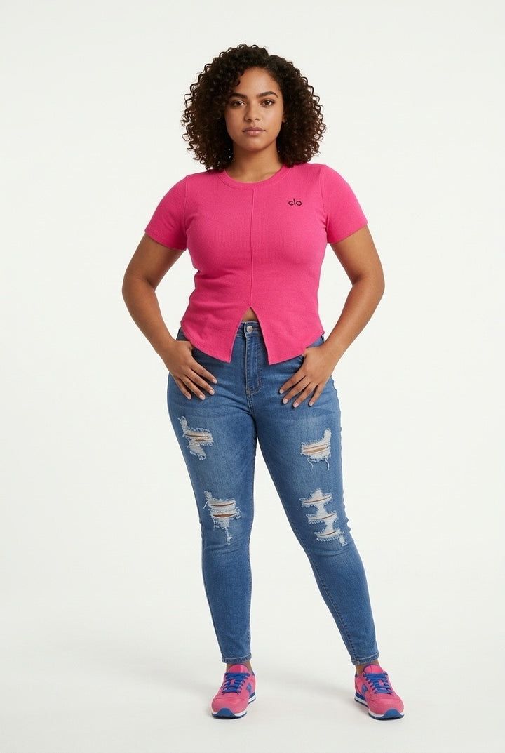 Stylish Sisters Ribbed Sweater Top - Hot Pink