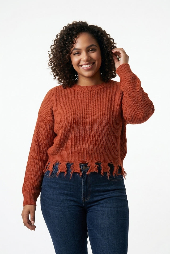 Stylish Sisters Distressed Frayed Hem Pullover Knit Sweater Top - Burnt Orange