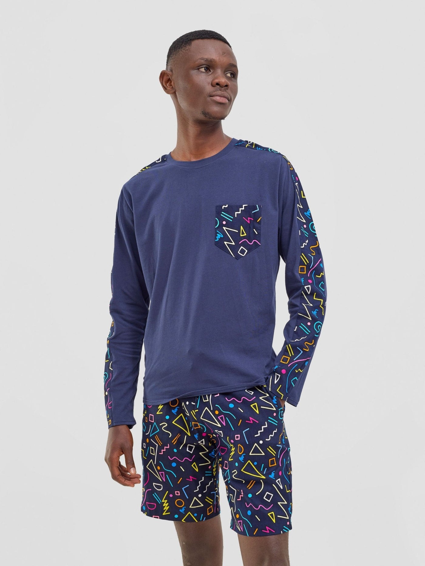 Safari Men's Long Sleeve T-shirt - Navy / Tari Print - Shopzetu
