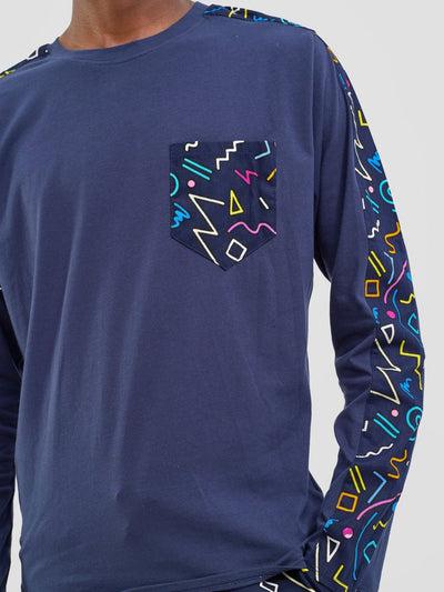 Safari Men's Long Sleeve T-shirt - Navy / Tari Print - Shopzetu
