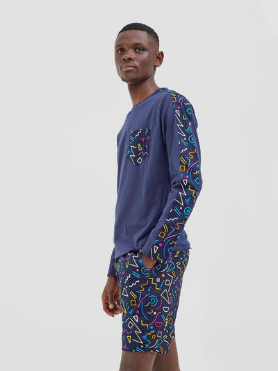 Safari Men's Long Sleeve T-shirt - Navy / Tari Print - Shopzetu