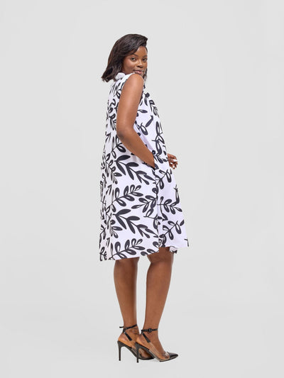 Vivo Asha Sleeveless Knee Length Dress - White / Black Jilo Print - Shopzetu