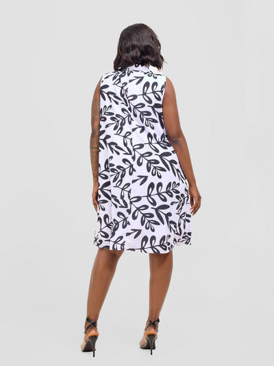 Vivo Asha Sleeveless Knee Length Dress - White / Black Jilo Print - Shopzetu