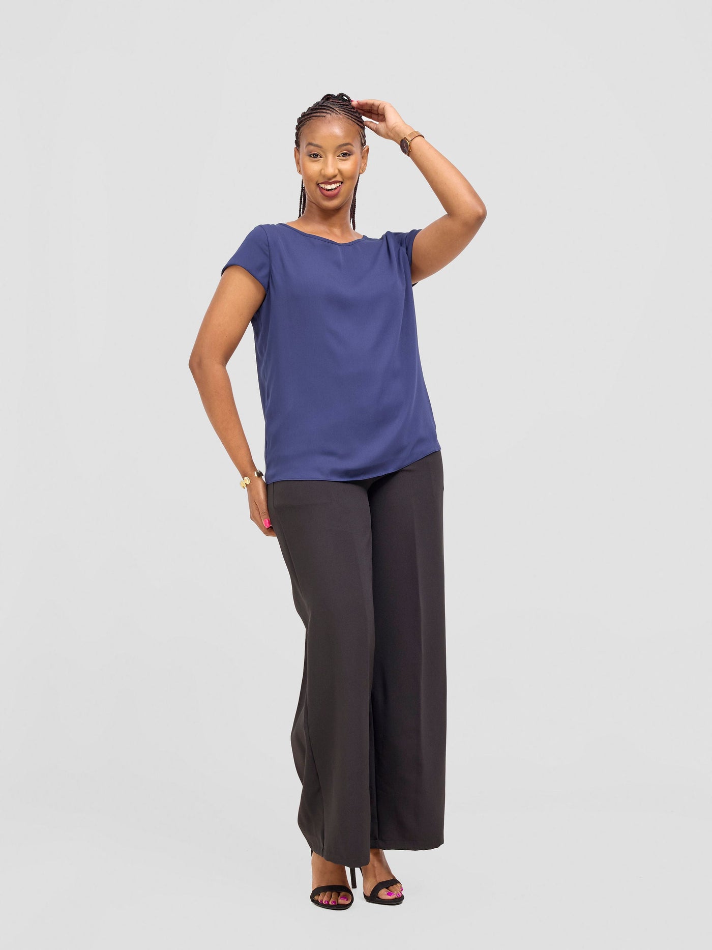 Vivo Basic Chiffon Cap Sleeve Top (Double Layered) - Navy
