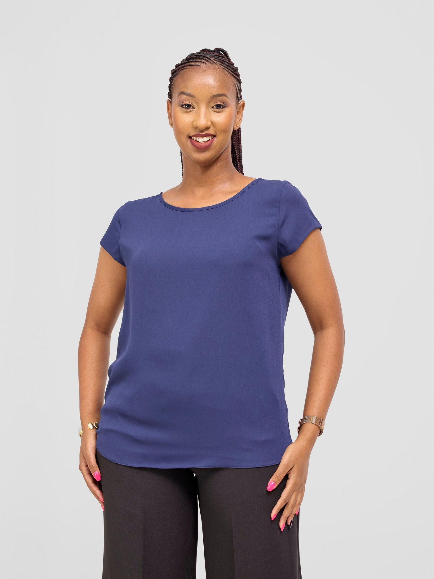 Vivo Basic Chiffon Cap Sleeve Top (Double Layered) - Navy