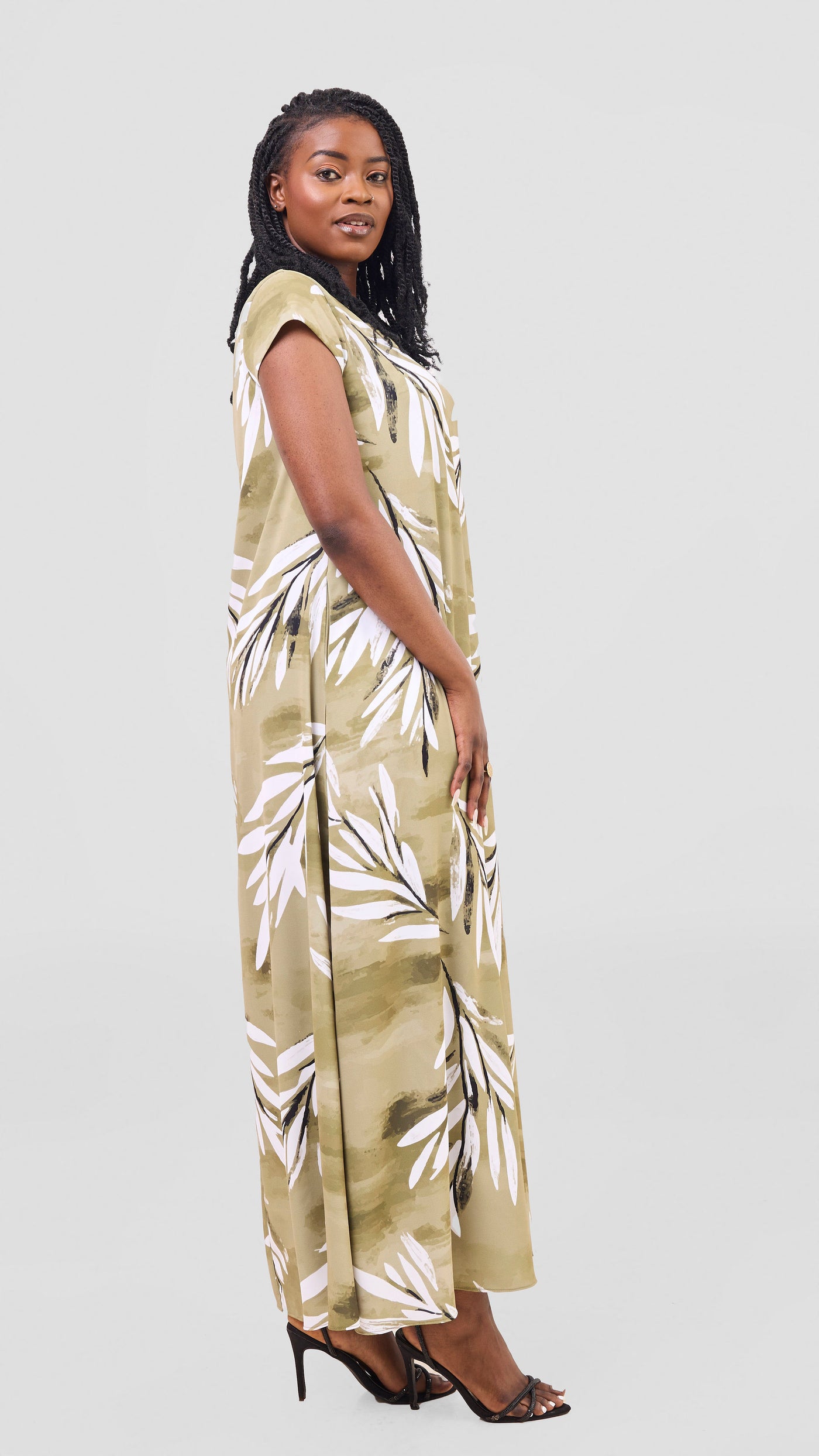 Vivo Basic Round Neck Maxi Dress - Olive / White Ewale Print