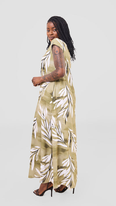 Vivo Basic Round Neck Maxi Dress - Olive / White Ewale Print