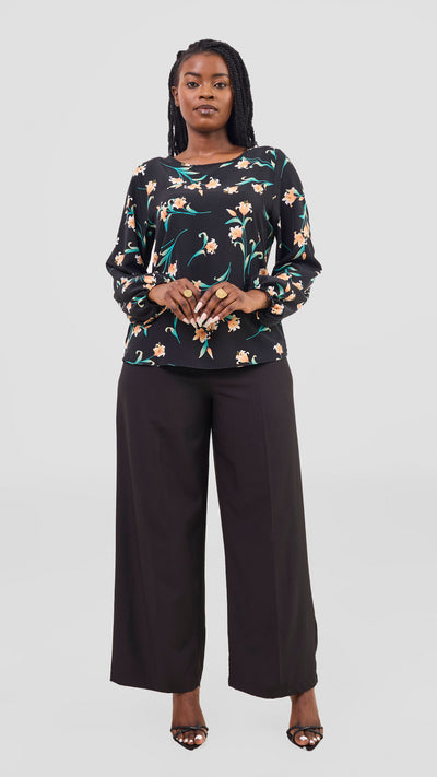 Vivo Basic Crepe Bishop Sleeve Top - Black / Peach Print