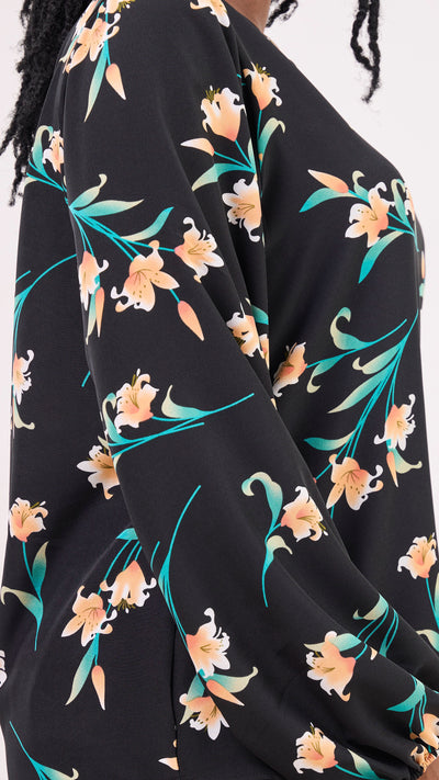 Vivo Basic Crepe Bishop Sleeve Top - Black / Peach Print
