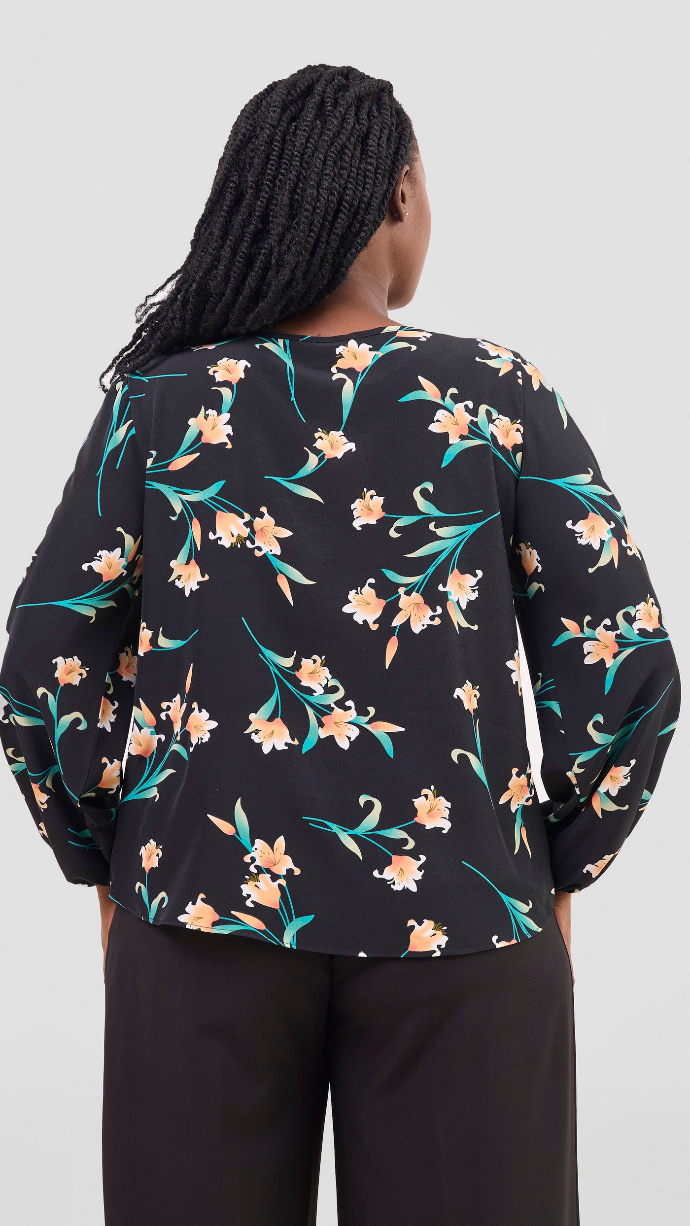 Vivo Basic Crepe Bishop Sleeve Top - Black / Peach Print
