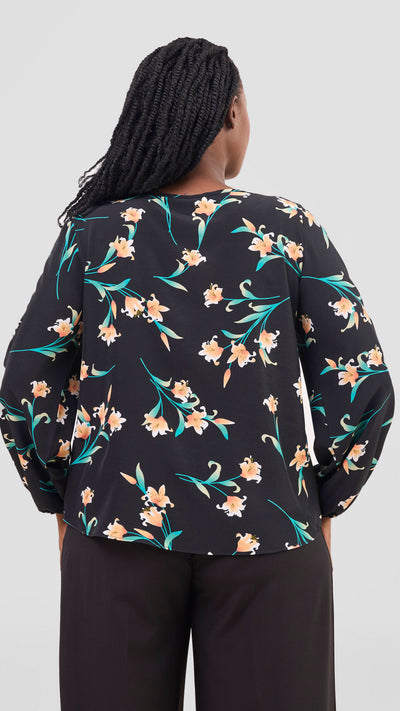 Vivo Basic Crepe Bishop Sleeve Top - Black / Peach Print