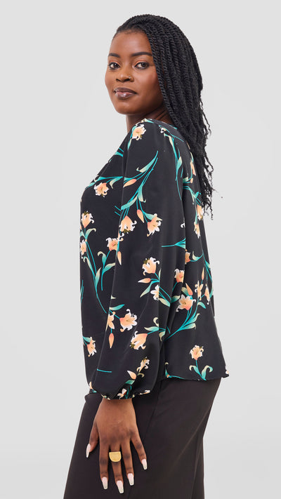 Vivo Basic Crepe Bishop Sleeve Top - Black / Peach Print