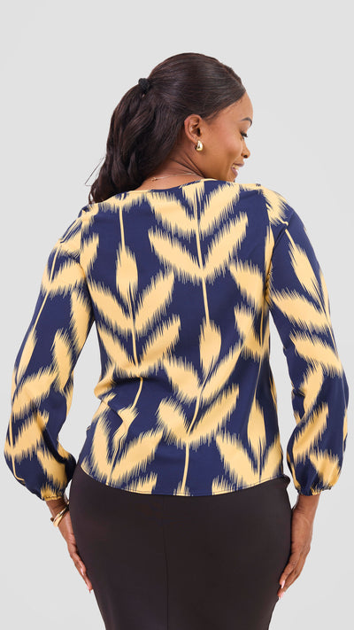 Vivo Basic Crepe Bishop Sleeve Top - Navy / Mustard Print