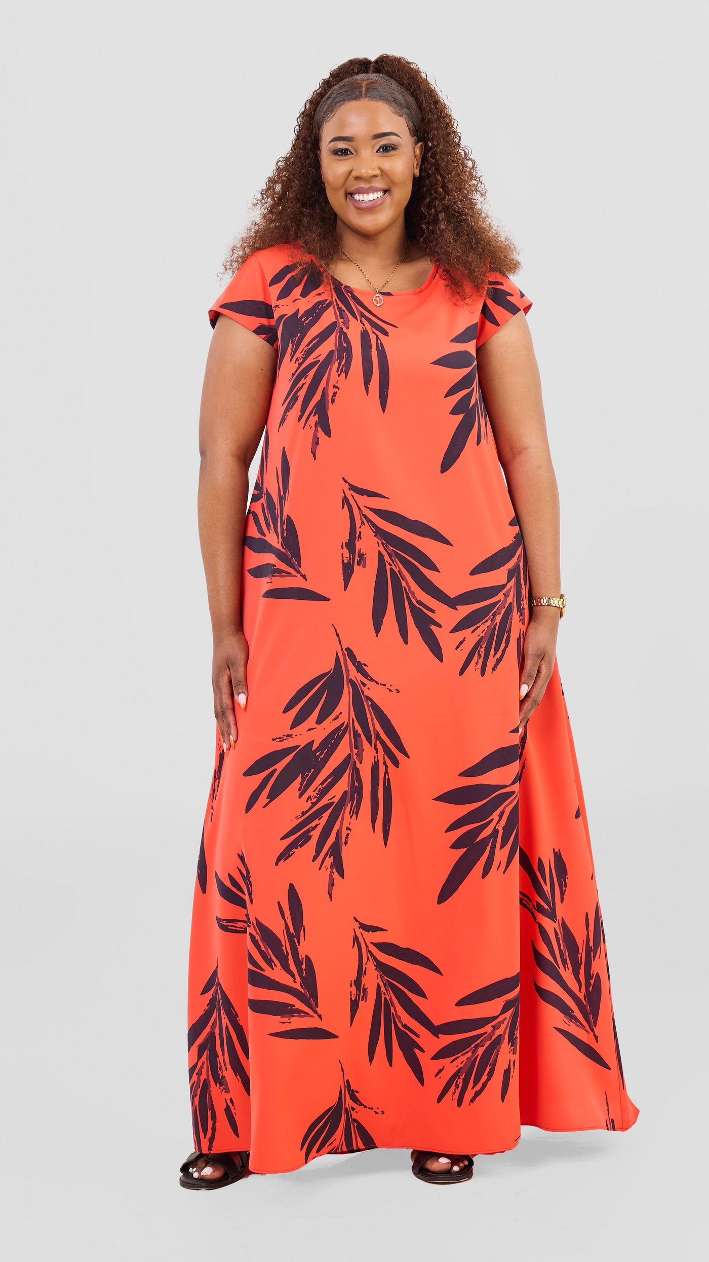Vivo Basic Round Neck Maxi Dress - Orange / Burgundy Ewale Print
