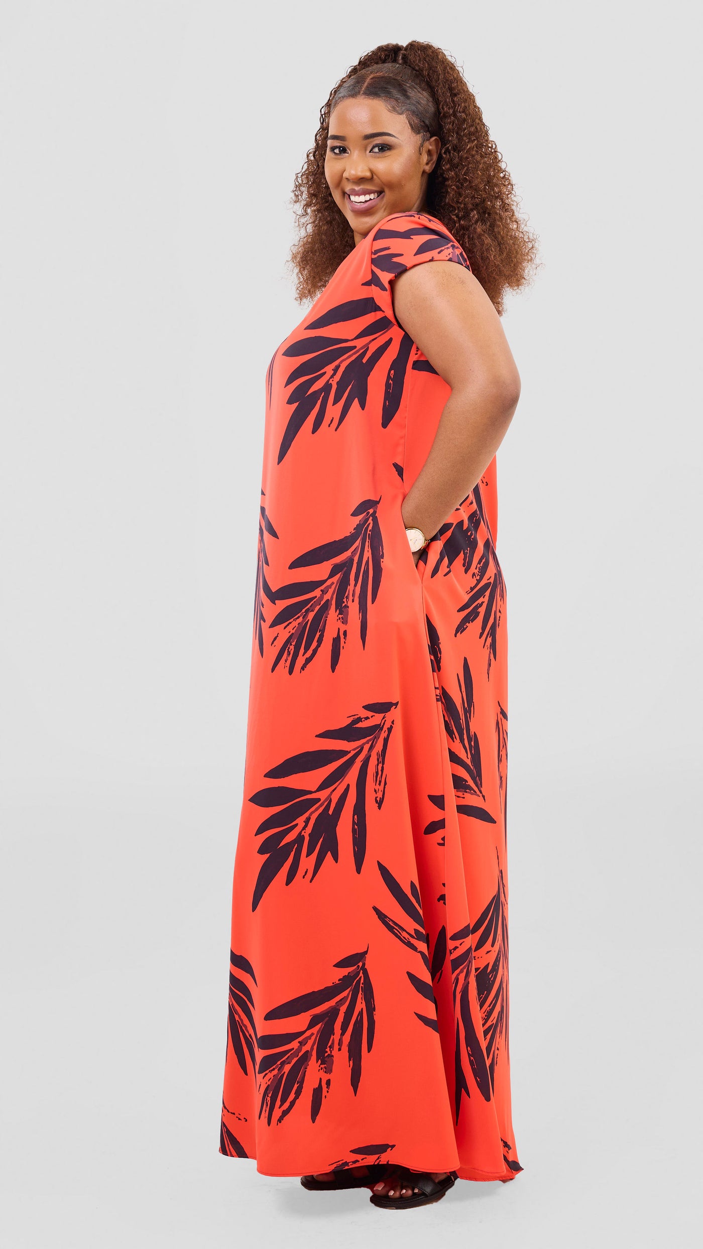 Vivo Basic Round Neck Maxi Dress - Orange / Burgundy Ewale Print