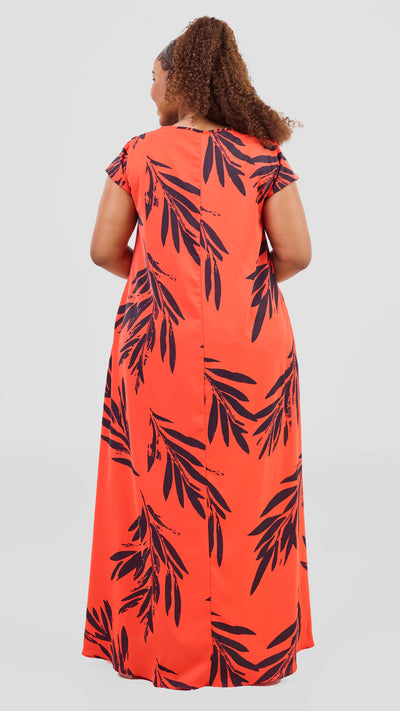 Vivo Basic Round Neck Maxi Dress - Orange / Burgundy Ewale Print