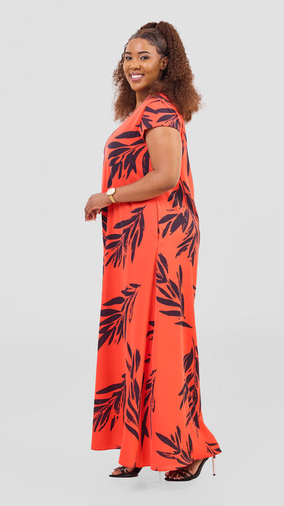 Vivo Basic Round Neck Maxi Dress - Orange / Burgundy Ewale Print