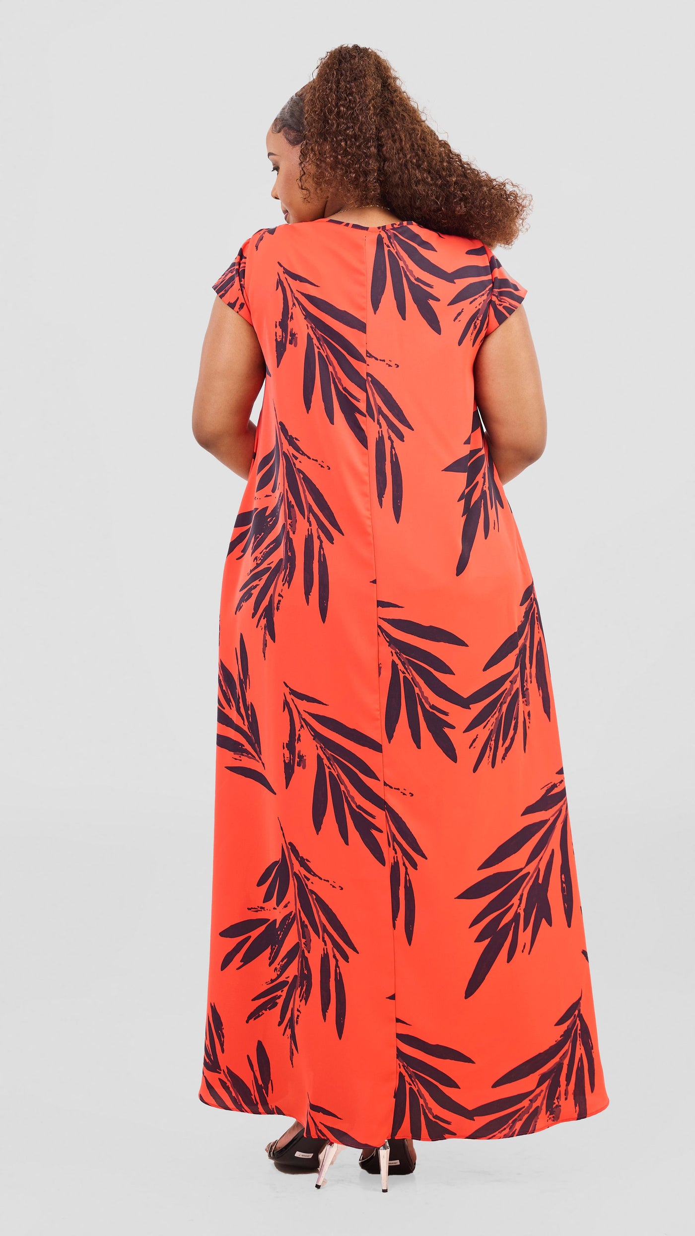 Vivo Basic Round Neck Maxi Dress - Orange / Burgundy Ewale Print